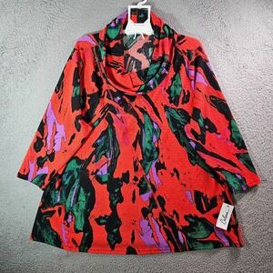 NEW Calessa Top Blouse Women 3X Stretch Mock Neck Abstract Green Red‎
